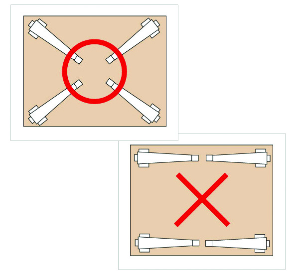 折りたたみテーブル脚（折り畳み角脚）金具の取り付け位置参照図